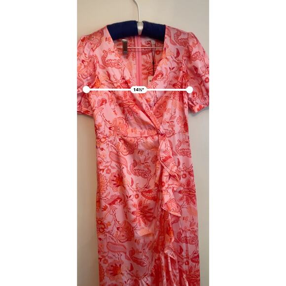 Cinq à Sept faux-wrap-front bodice ruffled hem dress Kay satin midi-dress size 4 - Picture 3 of 10